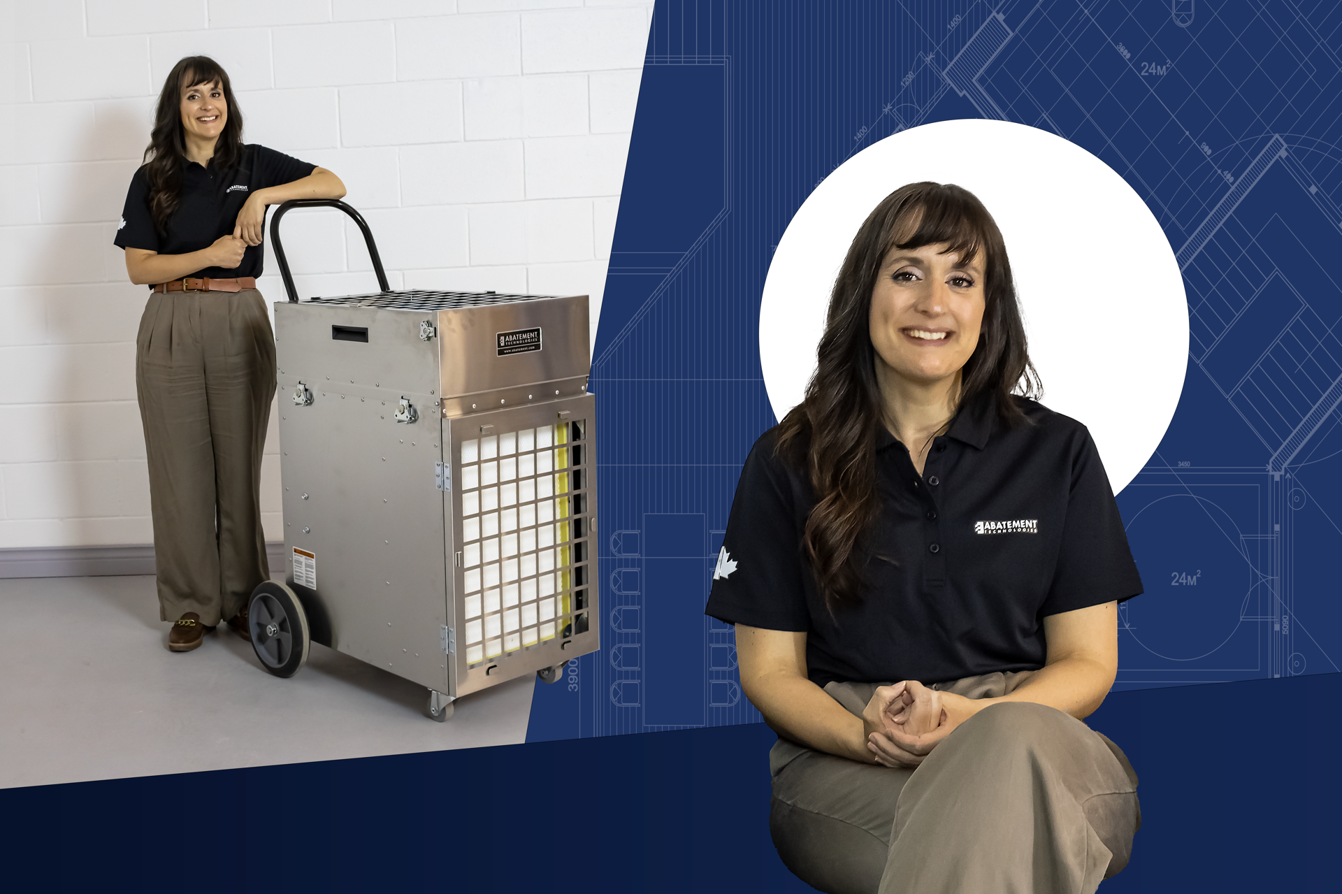 Taby Jones from Abatement Technologies showcasing a portable HEPA air filtration unit, emphasizing professional-grade air quality control solutions in commercial environments.