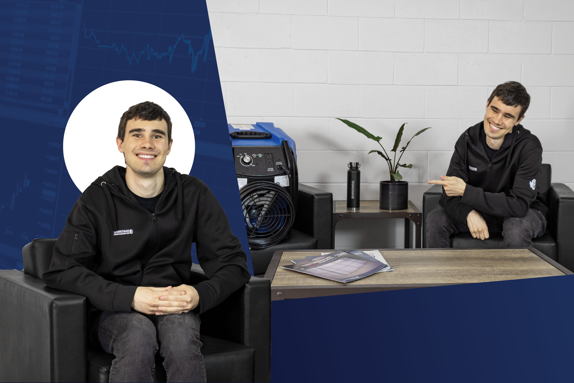 Dylan Head from Abatement Technologies featured in a casual team spotlight, seated in front of a commercial air mover used in restoration projects, highlighting innovation and team culture in indoor air quality solutions.