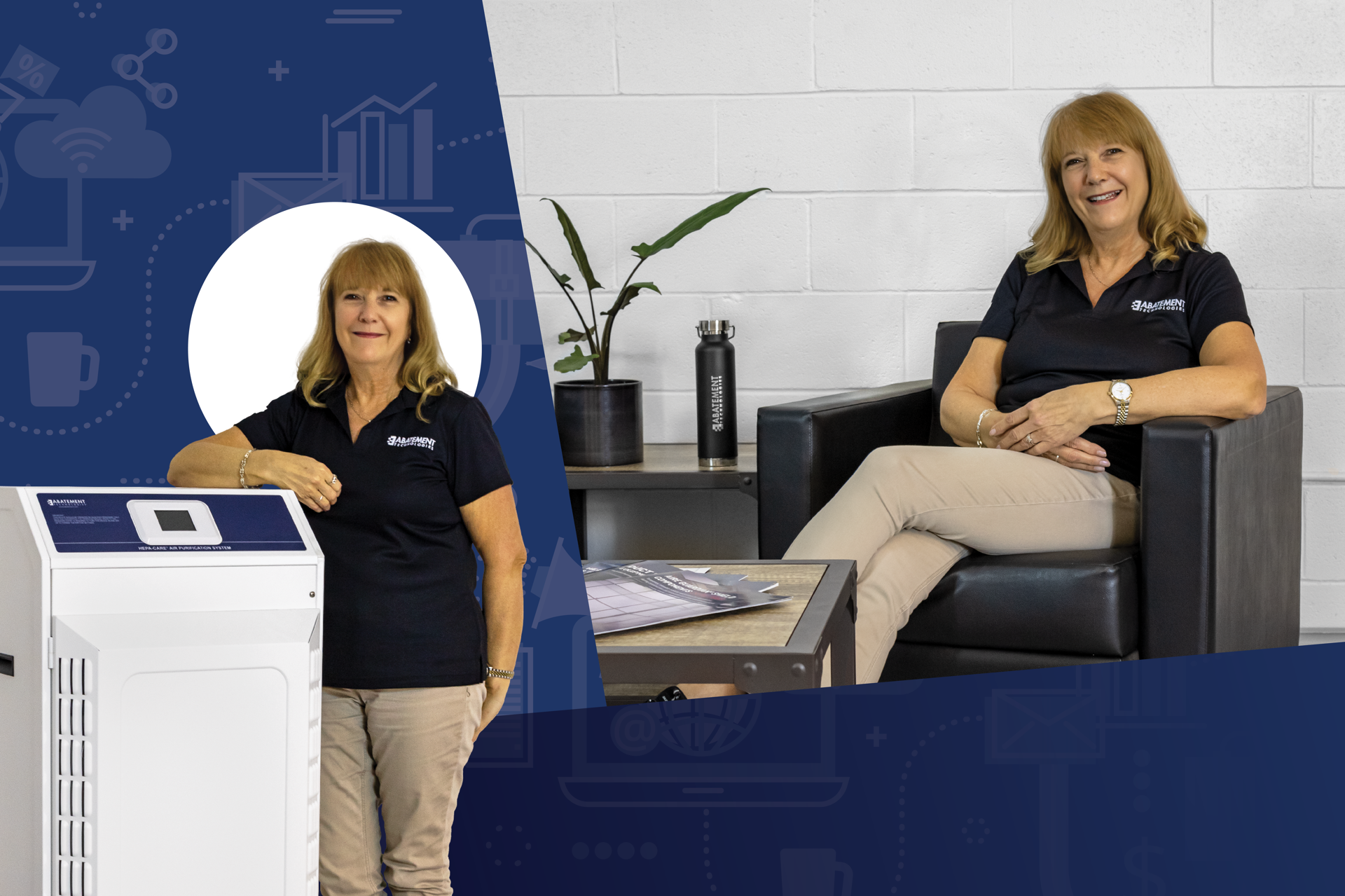 Christine Deslile from Abatement Technologies posing beside a HEPA air purification unit and seated comfortably in a modern workspace. Showcasing leadership in air quality solutions and environmental safety initiatives.