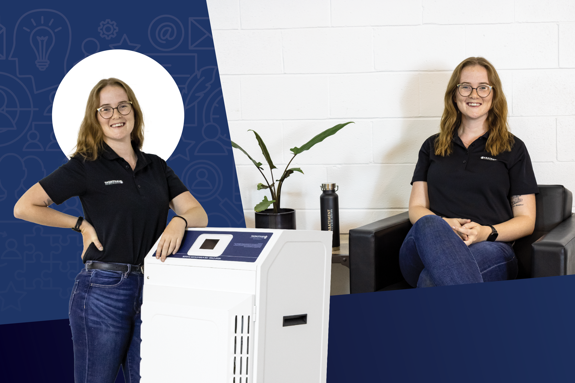 Brandy Fulton from Abatement Technologies pictured in a dual portrait beside a HEPA air purification unit and seated in a modern workspace. Represents marketing and brand leadership in promoting indoor air quality and environmental health solutions.