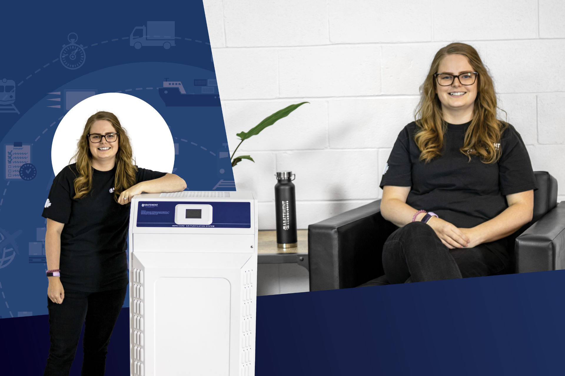 Jaime Burke from Abatement Technologies featured in a dual portrait with a HEPA air purification unit. Highlights her role in logistics or operations, emphasizing clean air solutions and support behind restoration and air quality initiatives.