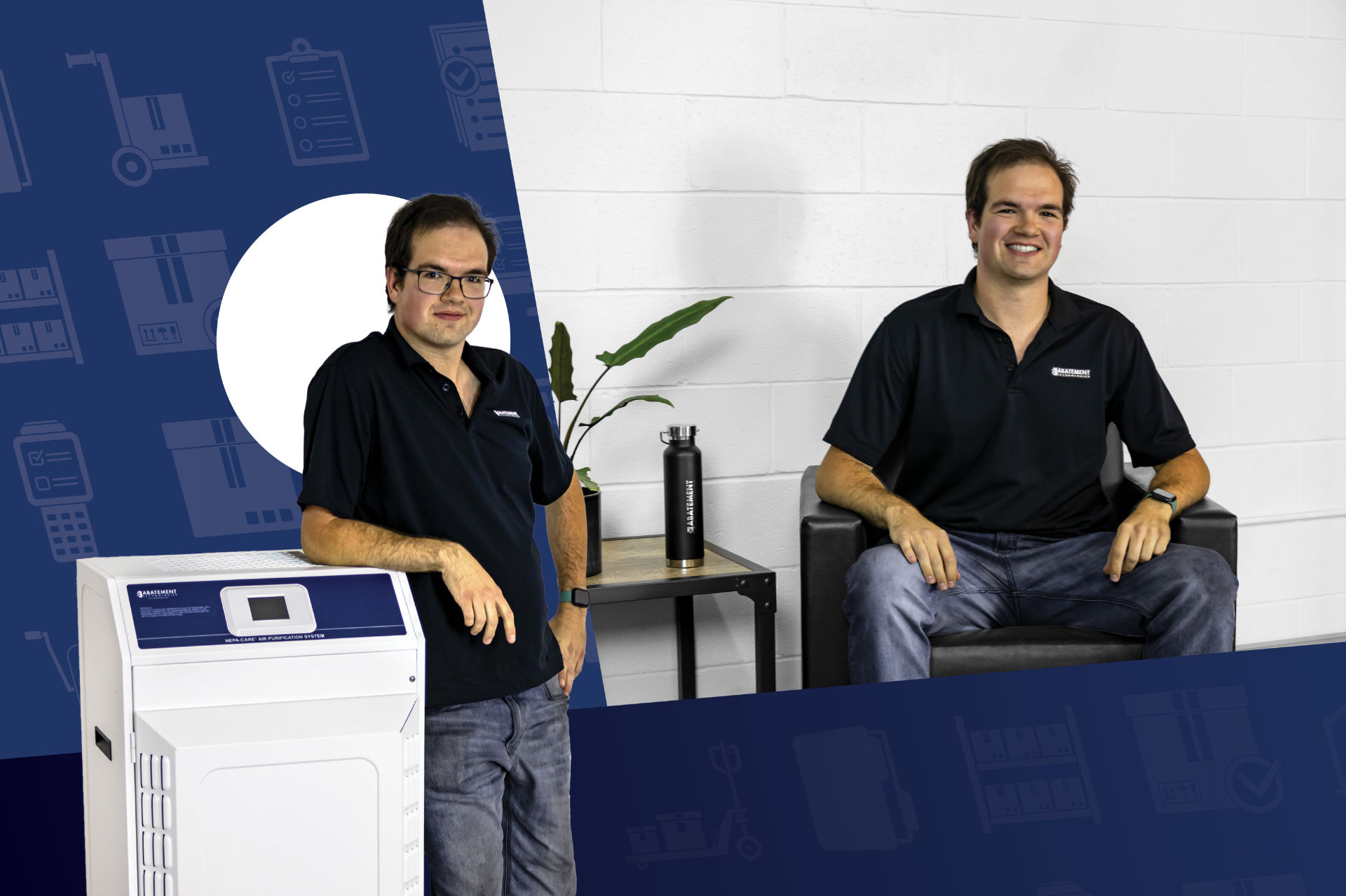 Lukus St. Jean, team member at Abatement Technologies, shown in a split image featuring a clean white backdrop and branded air purification unit. Highlights leadership in logistics and facility operations within the air quality and environmental solutions