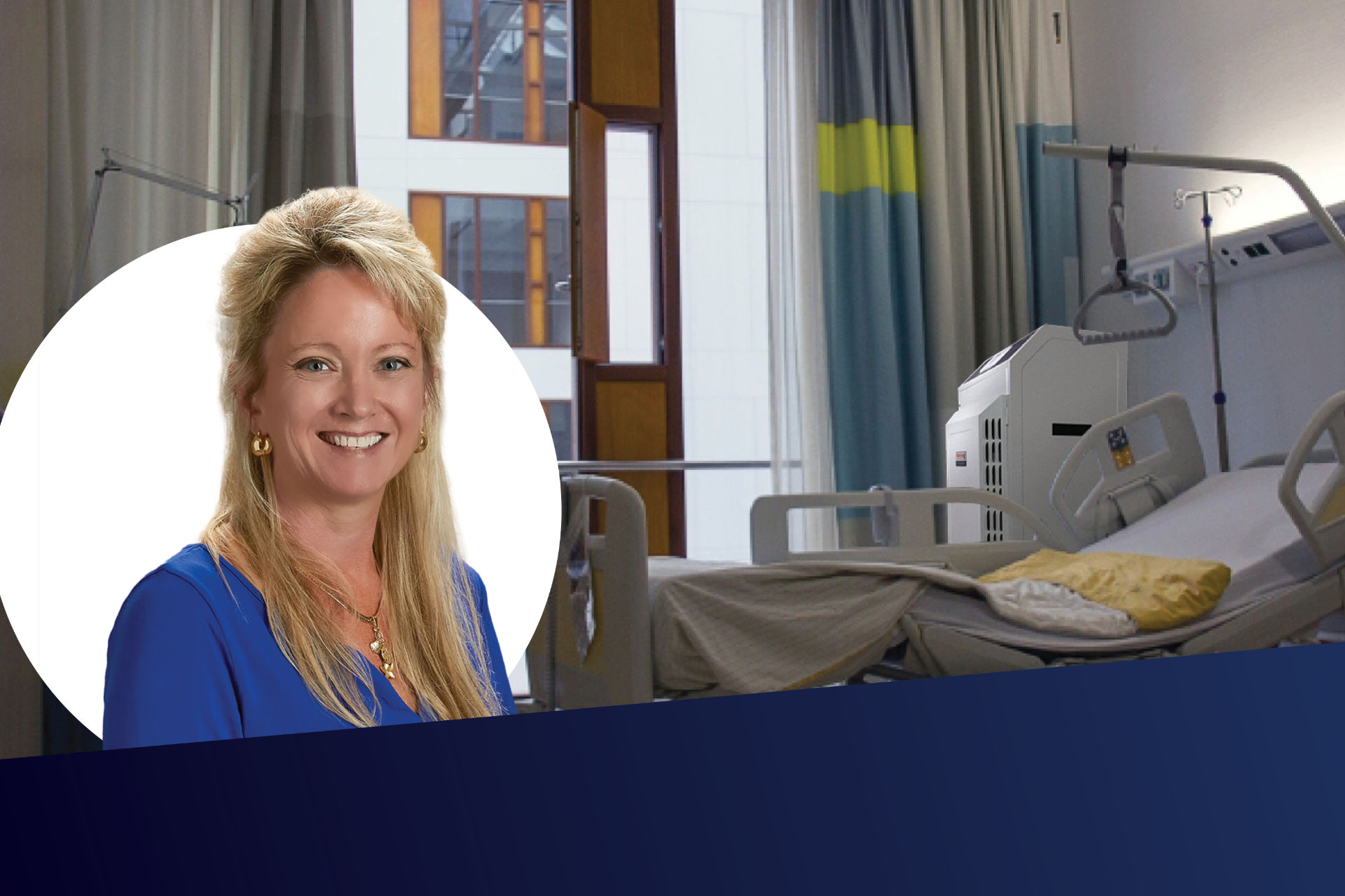 Portrait of Sue Hoffman overlaid on a hospital room setting with a medical-grade air purifier beside the patient bed. Emphasizes leadership in healthcare air quality, infection control, and patient safety through advanced filtration solutions.