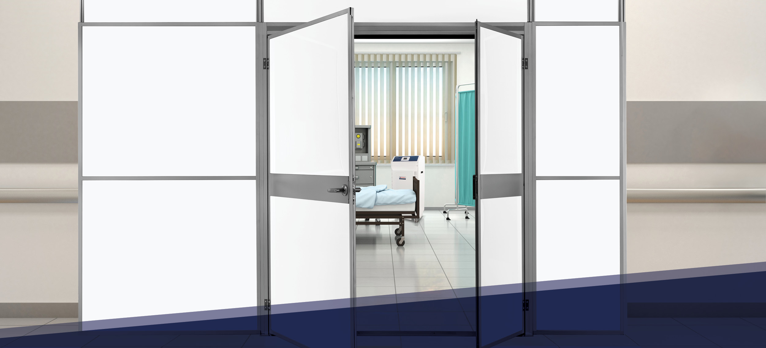 Modular containment wall system with double doors open to a hospital room, showcasing a clean, sterile healthcare environment with medical equipment and patient bed.